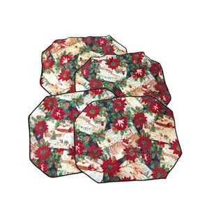 Vintage Christmas-Themed Placemats Set Of 4 With Poinsettia & Winter Scene Desig